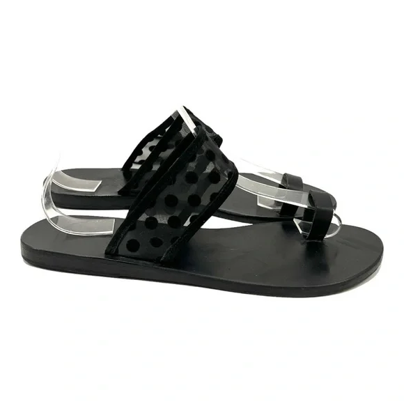 Ancient Greek Sandals Black Leather Sheer Polka Dot Toe Loop Slide Sandals 38 - Picture 1 of 14